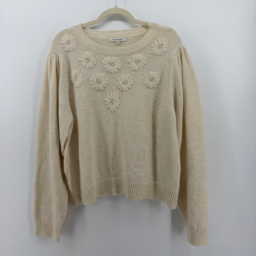 Francescas Cream Daisy Embellished Puff Sleeve Knit Sweater XL Cozy Winter Comfy